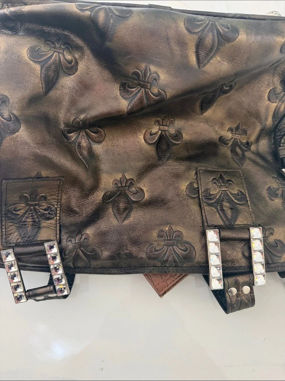 Raviani Black Embossed Satchel with Fleur-de-Lis Detail